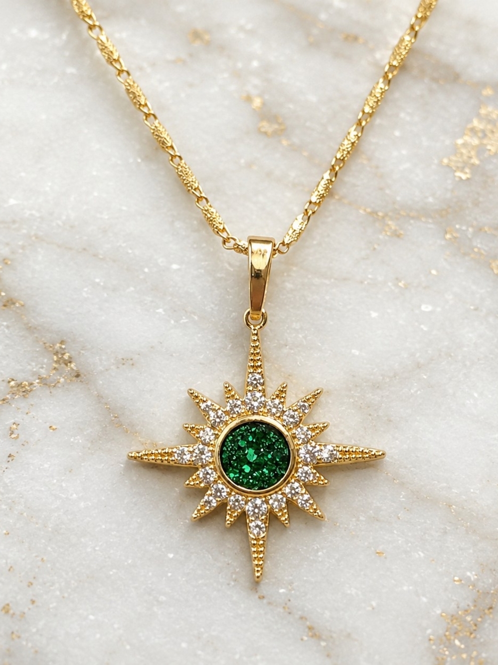 Emerald Green Druzy Starburst Necklace 18K Gold Plated Celestial Fall Jewelry